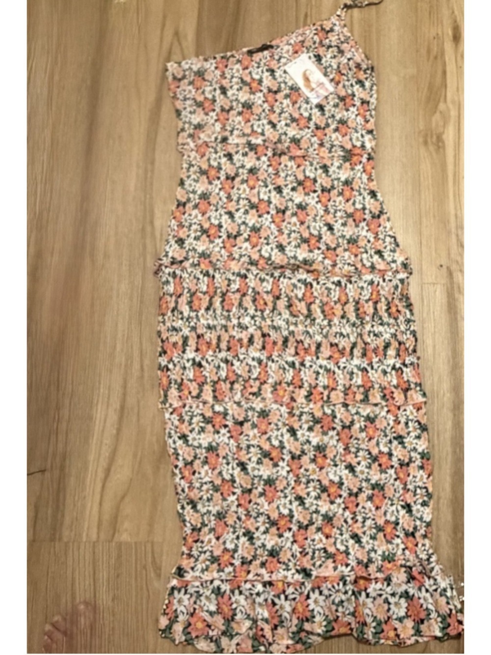 Pretty Garden One Shoulder Floral Print Smocked Ruffle Midi Dress Size XL - Picture 4 of 6